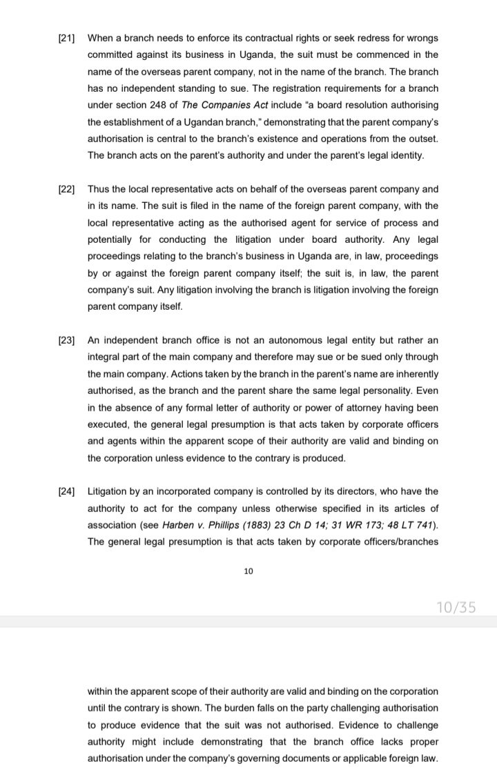 SilverKayondo's tweet photo. Justice Mubiru contextualising a foreign company vs a subsidiary vs a branch office under the Ugandan Companies Act

Salini Constructori SpA vs AG &amp; UNRA (2026)

A Società per Azioni (S.p.A.) is a form of corporation in Italy meaning company with shares/joint-stock company https://t.co/2ZOdaGki0Q