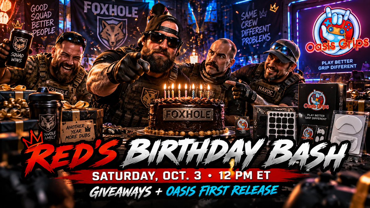 FXHRedman's tweet photo. Alright Foxhole — Sunday is my birthday, so we’re turning up today!

I’m hanging out with you guys, playing some games, taking on some challenges, doing some giveaways, and probably getting talked into at least a few things I should’ve said no to.

And during the stream, we’re also getting the first release of Oasis PC Key Grips and Mouse Skates.

That’s part of the day — but the main event is simple:

It’s my birthday. I want the Foxhole there.

Come hang out, talk some shit, celebrate with me, and let’s see what kind of day we end up having.

#Foxhole #FXH #BDAYVIBES #CHAOSPROTOCAL