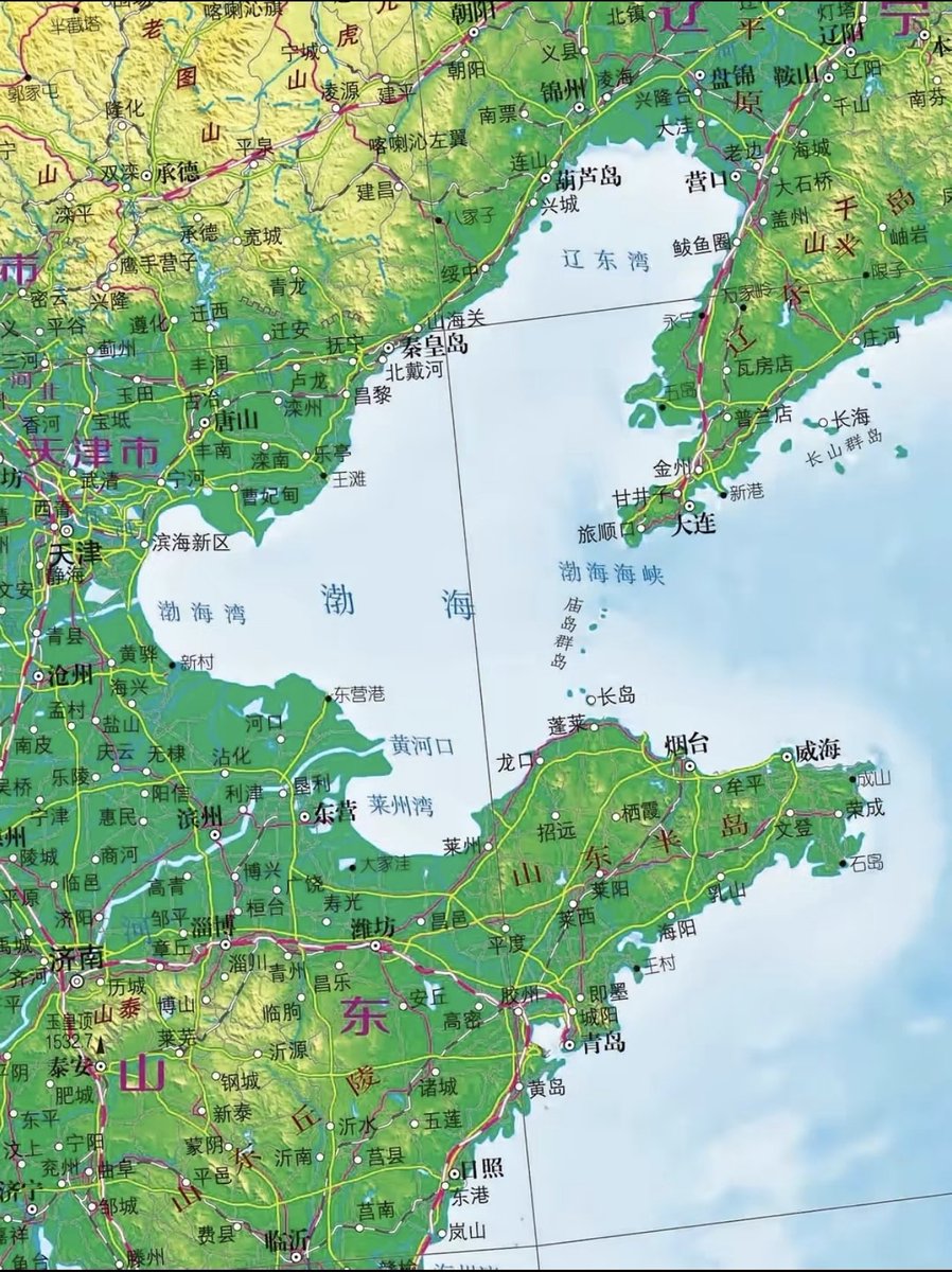 violin_vertin's tweet photo. I think the terrain around Beijing, China, is really unique—it’s practically perfect as a capital.

 To the east, it’s guarded by two wedge-shaped peninsulas, so it would be almost impossible for foreign navies to get into the Bohai Sea. https://t.co/l3eBkxuhxf