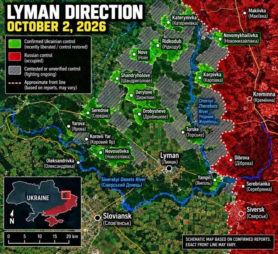 GJChevalier's tweet photo. LE FRONT RUSSE PRÈS DE #LYMAN S'EFFONDRE 🇺🇦🇷🇺 2 octobre 2026 — 18 h 31 heure de Kyiv L'Ukraine a repris l'initiative. 176 km² sont de nouveau sous contrôle ukrainien, des localités ont été libérées, les positions russes à l'ouest du Chornyi Zherebets sont abandonnées, et l'offensive de Moscou vers Sloviansk a été inversée. La Russie est venue ici pour prendre Lyman et ouvrir la route vers Sloviansk. Ils n'ont pas pris Lyman. Ils n'ont pas atteint Sloviansk. Maintenant, ils battent en retraite. Cela ressemble de moins en moins à une offensive russe. Cela ressemble de plus en plus au début de l'effondrement d'un front russe en sens inverse.