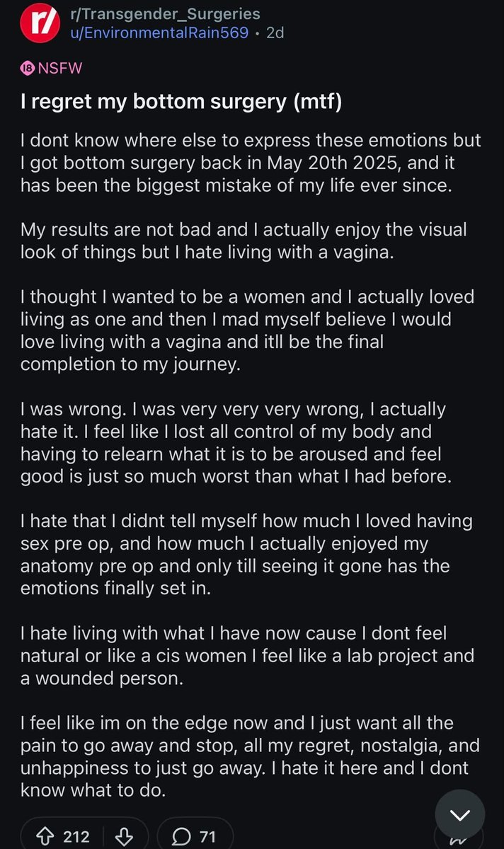 DogLoverOfPI's tweet photo. This is why trans go after detransitioners with such relentless viciousness.

Imagine cutting off your own penis and living with an open wound for the rest of your life, with little to no sexual function.

This spells it out. And this is what they don't want you to think about. https://t.co/XdIsbkXoBd