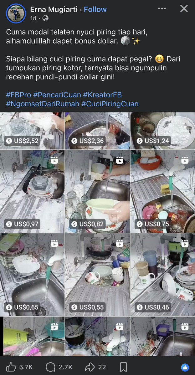 cursedkidd's tweet photo. klo km nganggur tp hobi beres2 rumah mnding ikuti sperti ibu ini videona cm nyuci piring dpatt uang di fesbuk, ril nganggur klo telaten dptt duit wkwk dripada km tiduran nglamun trs sperti orang baru gagal dlam percintaan https://t.co/GEy9ukasV1