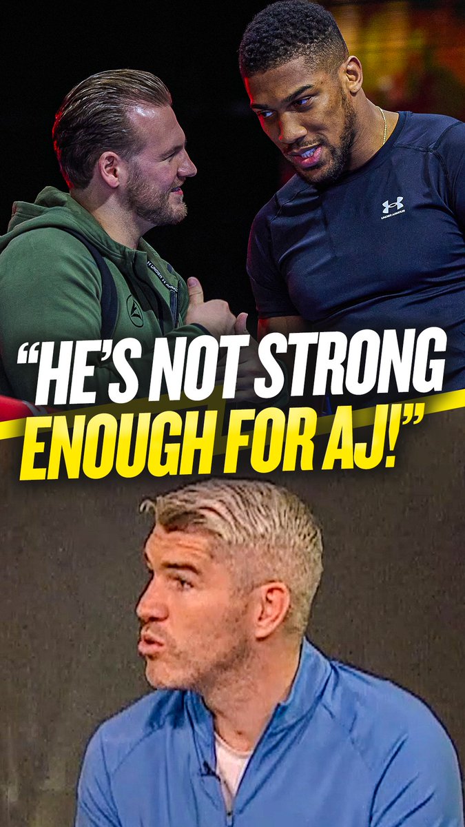 The image features three men, including two boxing figures who appear to be Anthony Joshua and Ben Davison in the top panel, with a quote reading "HE'S NOT STRONG ENOUGH FOR AJ!" overlaid across the middle. The bottom panel shows another man speaking, likely representing Liam Smith giving the advice mentioned in the post about Anthony Joshua avoiding Ben Davison in his corner for the Tyson Fury fight.