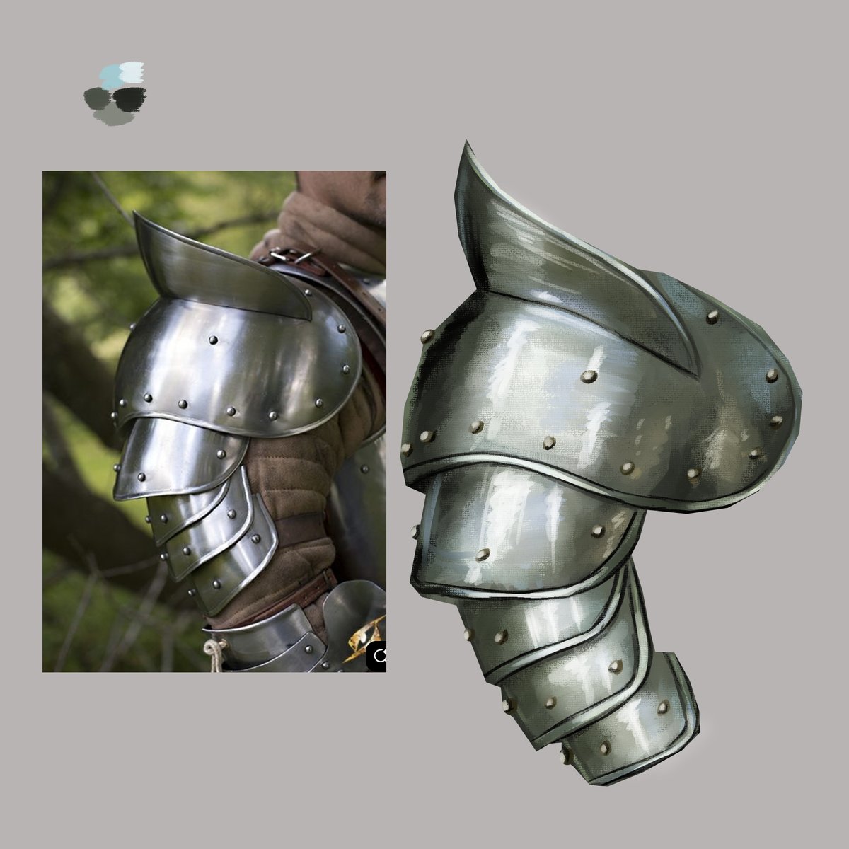 AshaVonKoh's tweet photo. @NoxisHades Armor is mostly geometrical figures and metal texture. I did some studies. I would say that Im personally okay w it but for someone that necer did it... it can be confusing. Basically contrast and env. reflection. https://t.co/8aldFxxyMj