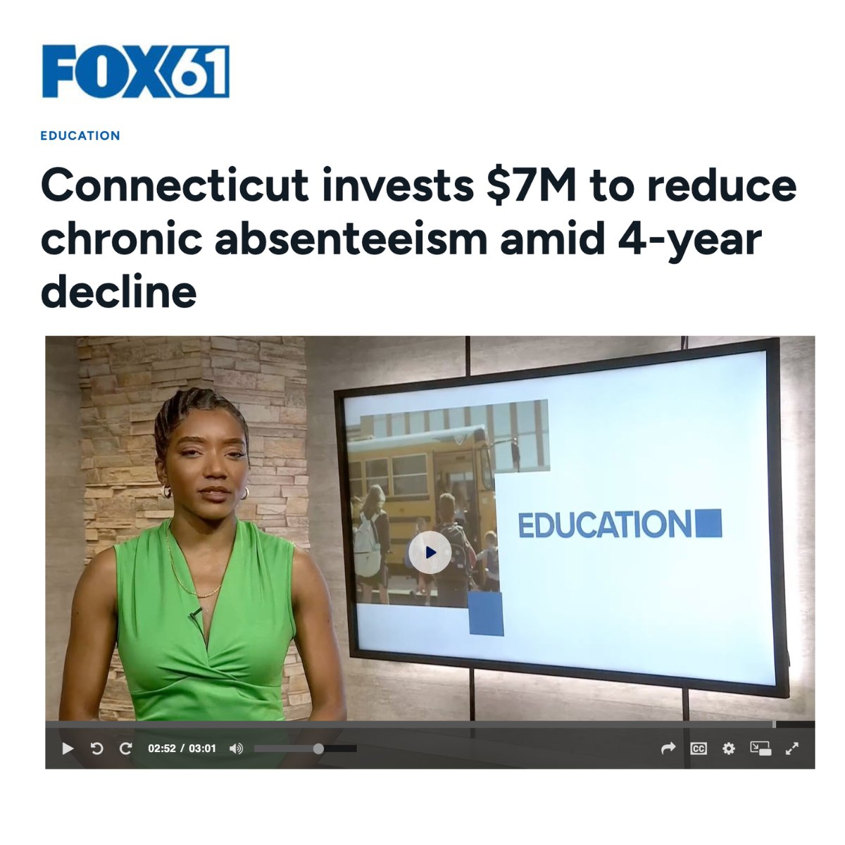 EducateCT's tweet photo. In case you missed it...

Earlier this week, the CSDE awarded approx. $6.2M in state grants to 29 school districts through LEAP, continuing CT's investment in improving student attendance and engagement. 

For more, watch this segment on @FOX61 https://t.co/nvRpcE1Io1