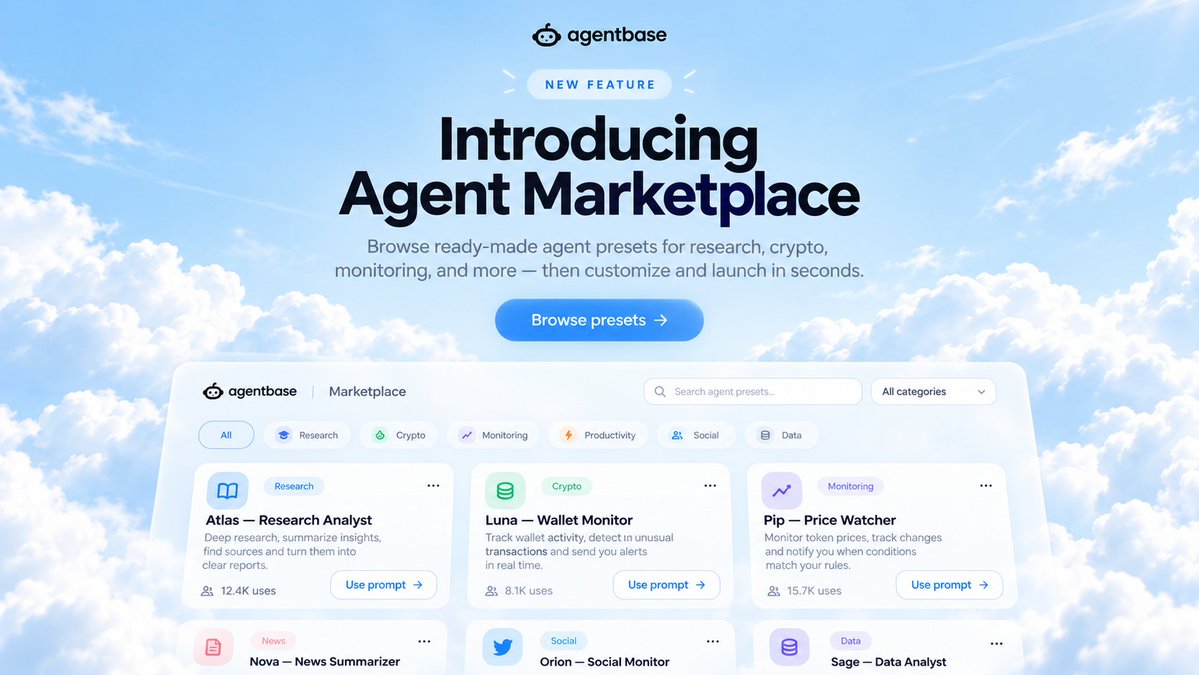 tryagentbase's tweet photo. Introducing Agent Marketplace on agentbase.

A growing library of ready-made AI agent presets anyone can use.

Research. Crypto monitoring. Price alerts. Briefings. Productivity. More coming.

Pick an agent → customize it → launch it in seconds.

No starting from scratch.
Browse. Deploy. Run.
Agent Marketplace is live.

$AGENTBASE CA: 0x89fb101059c69f6a4de89dd9a743dc2b78b06b19