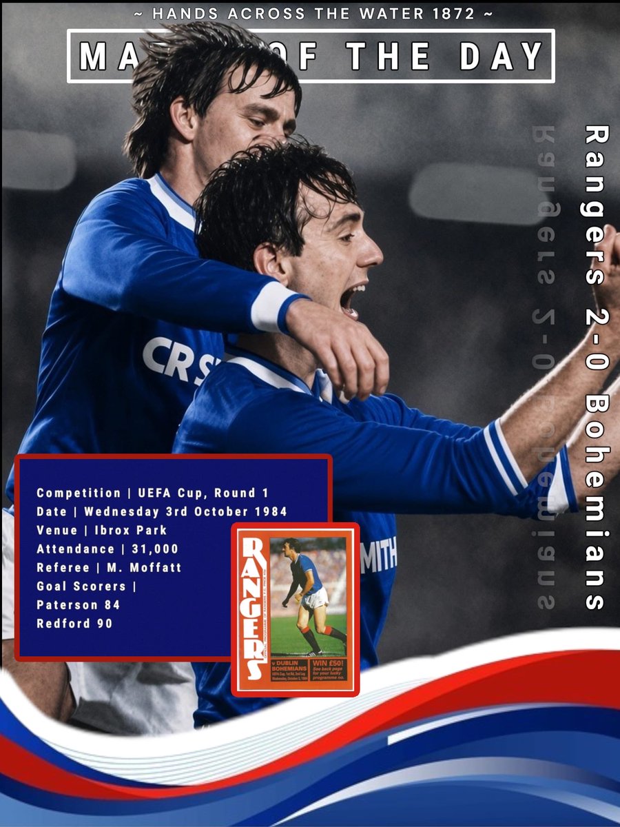 HATW1872's tweet photo. Good Evening Bears 🐻 🔴⚪️🔵

Today's Match of the Day is from 1984 when 31,000 fans inside Ibrox were feeling frustrated as Rangers left it late to overcome a 3-2 first leg defeat by Irish side Bohemians.

Line-up 
McCloy
McKinnon
Dawson
McClelland
Paterson
Redford
Russell
McPherson
Ferguson
McCoist
Cooper

Subs Used: Mitchell (Ferguson), Fraser (McCoist)

Manager: Jock Wallace