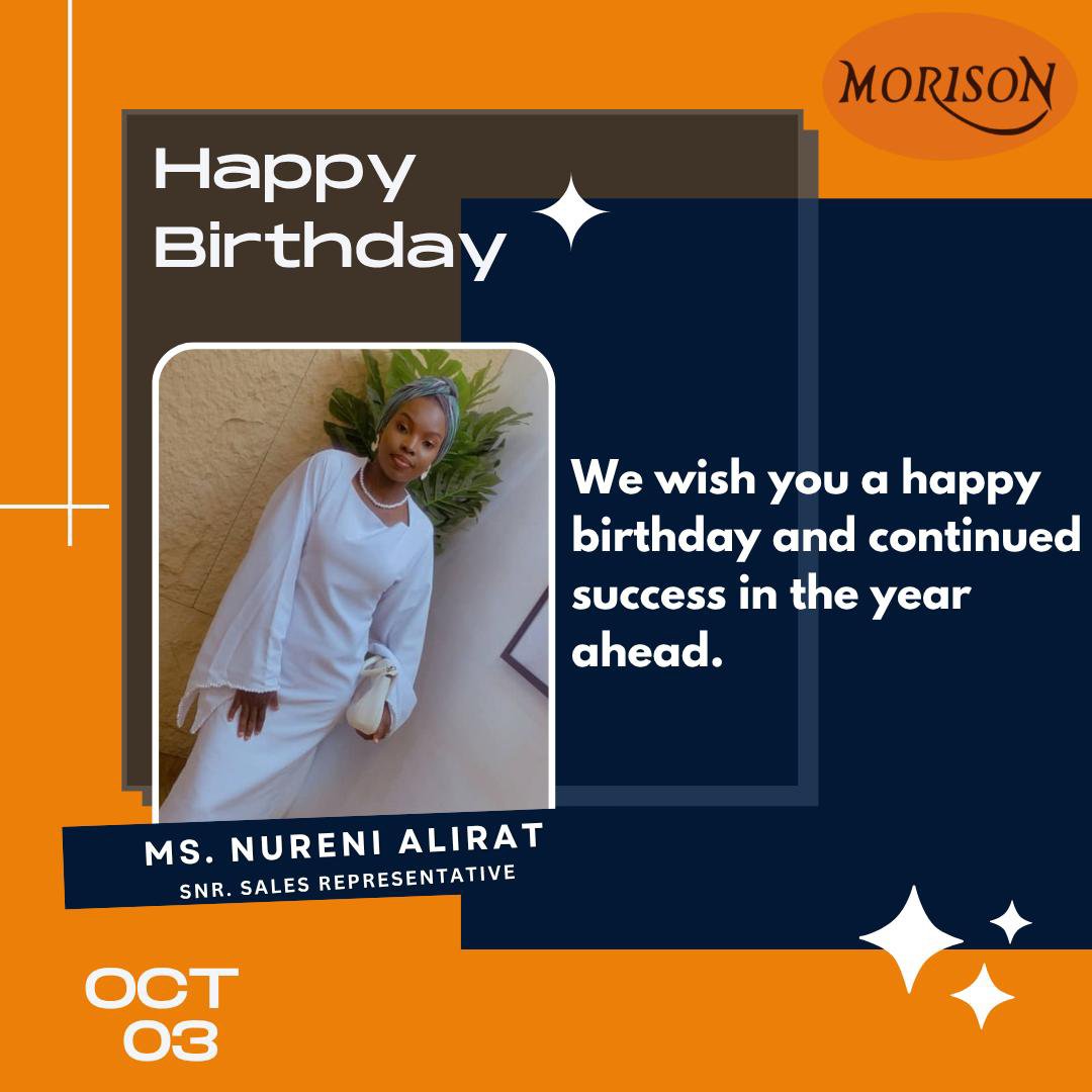 Morisonindustr1's tweet photo. Happy Birthday to our Senior Sales Representative!
Wishing you a wonderful birthday and a year filled with continued growth, success and new achievements.
Happy Birthday from everyone at Morison Industries PLC.
#morisonindustriesplc #teammorison #happybirthday #nigeria https://t.co/swZfim9DnY