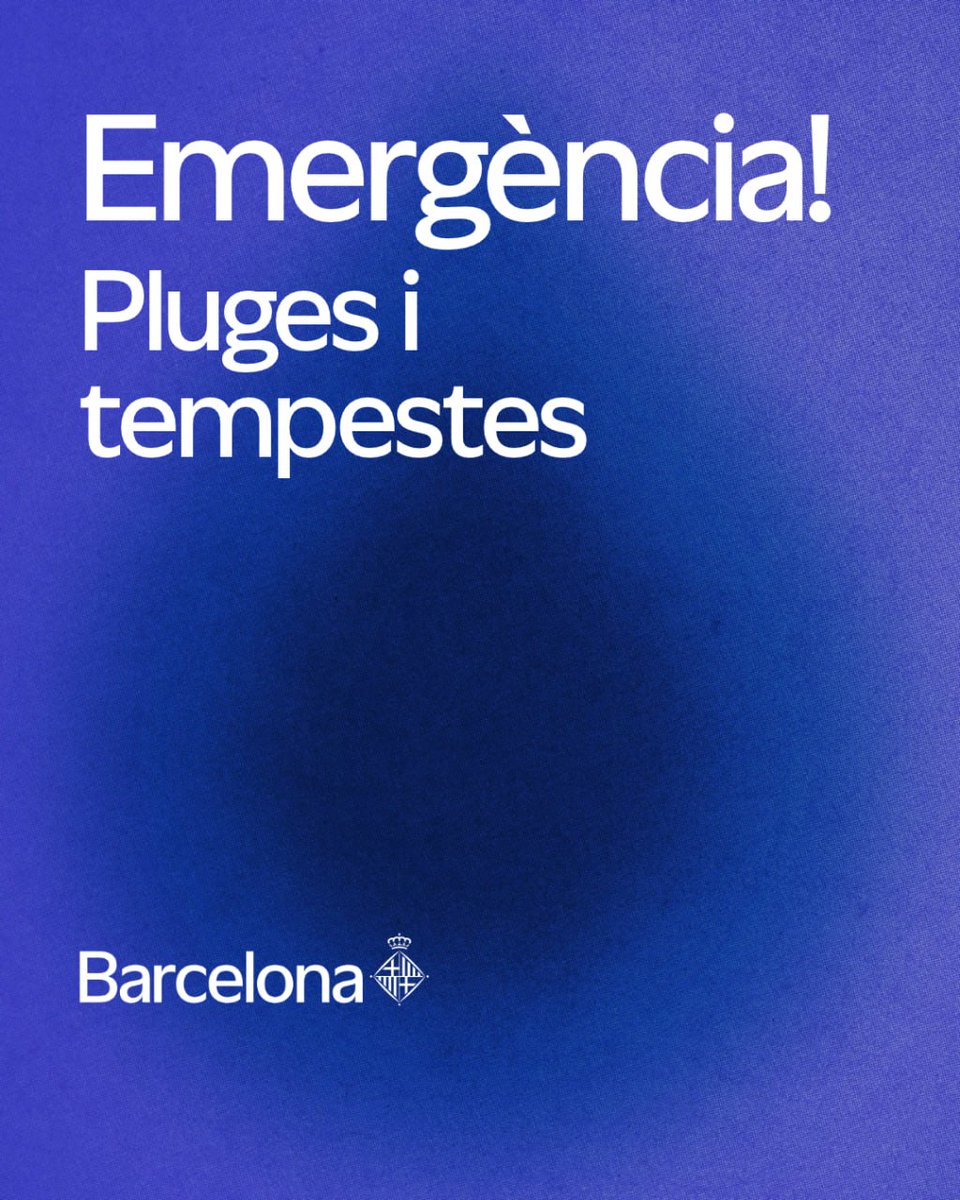 bcn_ajuntament's tweet photo. ⚠️ EMERGÈNCIA per inundacions en previsió de pluges fortes.

Se suspenen totes les activitats a espai públic dels districtes, festes majors i activitats culturals i esportives i s'avança el tancament de museus, teatres, centres cívics, biblioteques i equipaments de proximitat. https://t.co/iN2wCuA8ZV