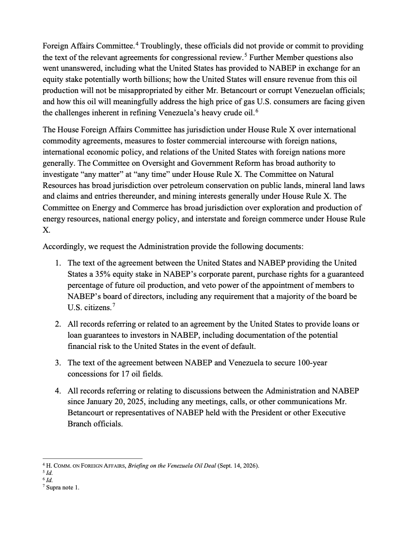 GustavoAzocarA's tweet photo. CONGRESO DE EEUU PONE EL DEDO EN LA LLAGA CON UNA CARTA CONTUNDENTE SOBRE VENEZUELA:

1.- Primero: no llama "Presidenta Encargada" a la señora Rodríguez. La llama con precisión milimétrica "liderazgo no electo de Venezuela".
2.- Los congresistas dicen que la señora Rodríguez, junto con Maduro, perdió las elecciones de 2024. Lo cual es completamente cierto, porque era su vicepresidenta.
3.- Los congresistas preguntan a la administración de Trump si hubo concesiones políticas o democráticas con el interinato a cambio del acuerdo petrolero firmado con NABEP, la empresa del bolichico Betancourt.

AQUI ESTAN LOS ASPECTOS QUE, EN MI OPINION, SON LOS MAS RELEVANTES:

"Solicitamos información adicional relacionada con el acuerdo de la Administración para adquirir una participación en North American Blue Energy Partners (NABEP) y su facilitación de un acuerdo de 100 años entre NABEP y el liderazgo no electo de Venezuela encabezado por Delcy Rodríguez, quien, junto con Nicolás Maduro, perdió las elecciones presidenciales de Venezuela de 2024".

"¿Qué concesiones políticas o democráticas, si las hubo, obtuvo la Administración de las autoridades venezolanas a cambio de este acuerdo, incluyendo compromisos relacionados con las elecciones, reformas al Consejo Nacional Electoral (CNE), los presos políticos, los derechos humanos o una transición democrática?".

Los secretarios de Estado y Defensa de EEUU tienen hasta el 14 de octubre para responder.