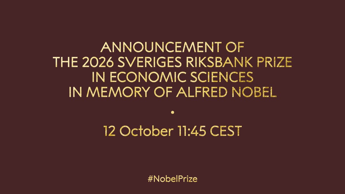 NobelPrize's tweet photo. Save the date for the announcement of this year's prize in economic sciences.

Watch the breaking news at https://t.co/ooNEngIcep and right here @NobelPrize: https://t.co/rTh6kJrQyt 

#NobelPrize https://t.co/OPgMSfFXGG