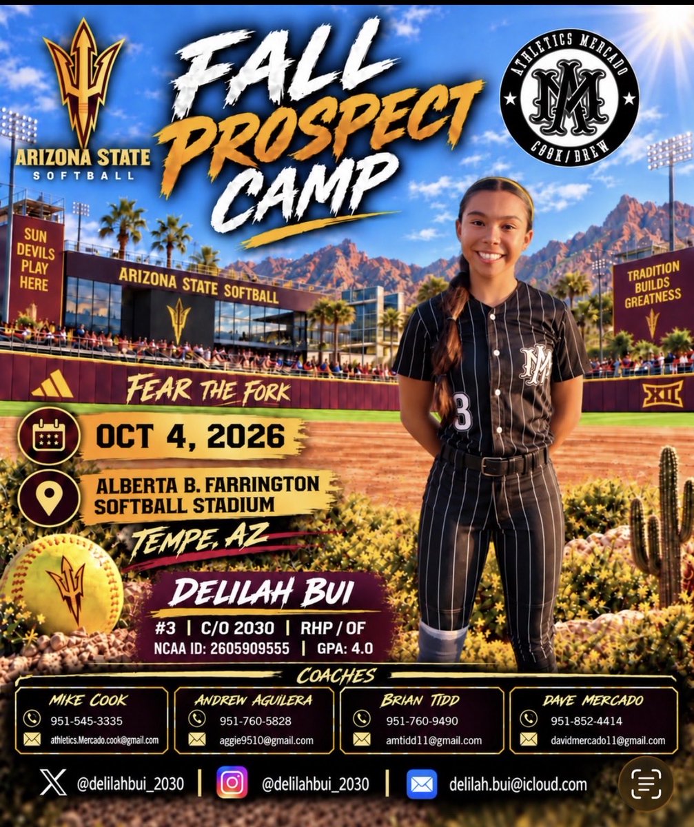 DelilahBui_2030's tweet photo. Really looking forward to @ASUSoftball Fall Prospect Camp tomorrow! Excited to meet and learn from @coachcbartlett @Coach_JBloomer @hailey_decker_ @mitchrob13 and thank you for the invite!
#classof2030 #AMCookDrew #chrissyhainespitching #ndoathletics #212TrainingCenter #f8outies #forksup #asusoftball