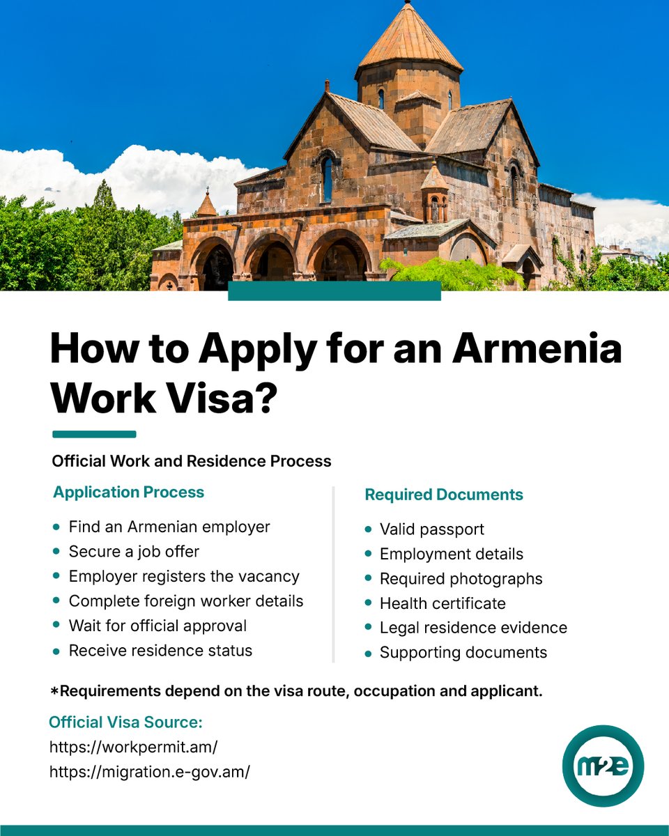 Moving2Europe's tweet photo. 🇦🇲 How to Apply for an Armenia Work Visa?
For most foreign workers, the employment-based residence process is handled online by the employer through Armenia’s official work-permit system.
Learn more:
https://t.co/oJV6uvgAkr
#ArmeniaVisa #WorkInArmenia #WorkAbroad https://t.co/9xBcCwp2Yy