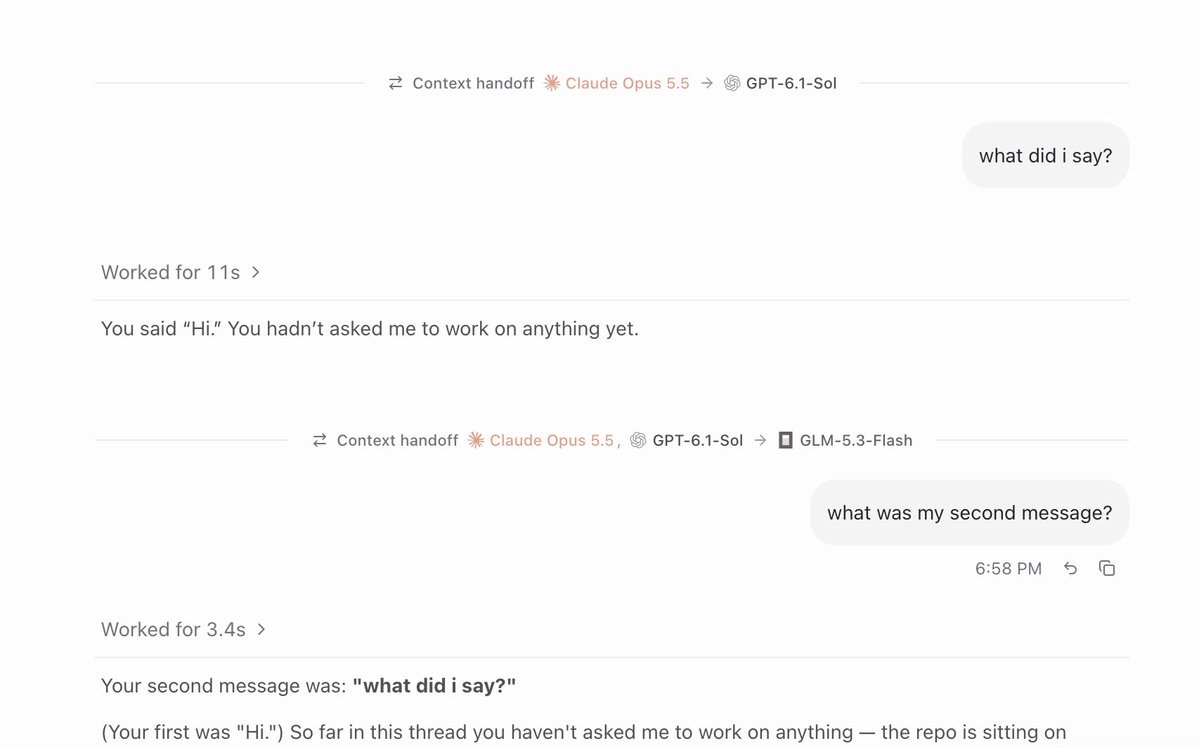 00xmario's tweet photo. it's not the same thing tho and you can do both with T3 Code.
one is harness A spawning up harness B via a background process to a do a specific job. They prompt themselves, what you showed in your screenshot. T3 does this automatically.
two is you, the user, deciding: hey i wanna continue harness A chat with harness B.
It's doing the context handoff for you. Not just models, different harnesses. 
Example:
