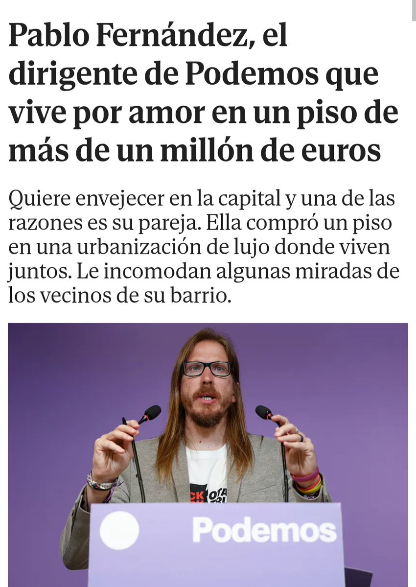 QFueso's tweet photo. Pablo Fernández no quiere airearlo mucho, pero cuando sale de la acampada de Puerta del Sol se va al piso de su novia en una urbanización de lujo cuyo valor ronda 1.000.000 de euros. 
Pero ya sabemos que él está en contra de la especulación inmobiliaria. 
Sus vecinos no le miran con buena cara. 
😵‍💫
