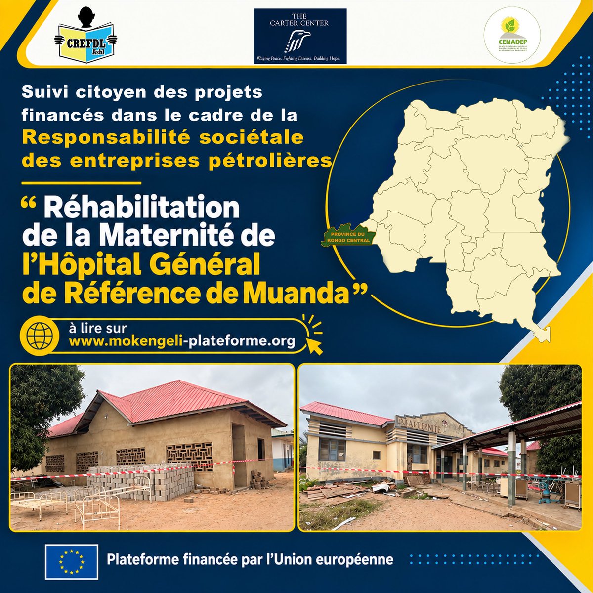 crefdl's tweet photo. #RDC : #MOKENGELIPLATEFORME ne se limite pas seulement à suivre les projets financés par les revenus miniers, mais se penche aussi sur ceux qui sont financés grâce aux bénéfices du secteur pétrolier. Découvrez le Projet de réhabilitation de la maternité de l’Hôpital Général de Référence de Muanda 
👉 https://t.co/w6HJyLVDvJ , dans la Province du Kongo Central 
@UEenRDC 
@Min_hydro_Rdc 
@crefdl 
@CongoMines 
@cenadep_asbl