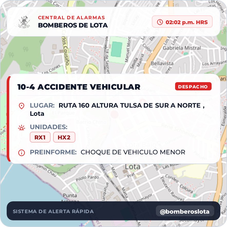 CBLOTA's tweet photo. #BomberosdeLota Estamos despachando a 10-4 ACCIDENTE VEHICULAR EN RUTA 160 ALTURA TULSA DE SUR A NORTE , Lota. Concurren (02) unidades: #RX1,#HX2.
Pre-informe: CHOQUE DE VEHICULO MENOR https://t.co/XRE0TWtmMU