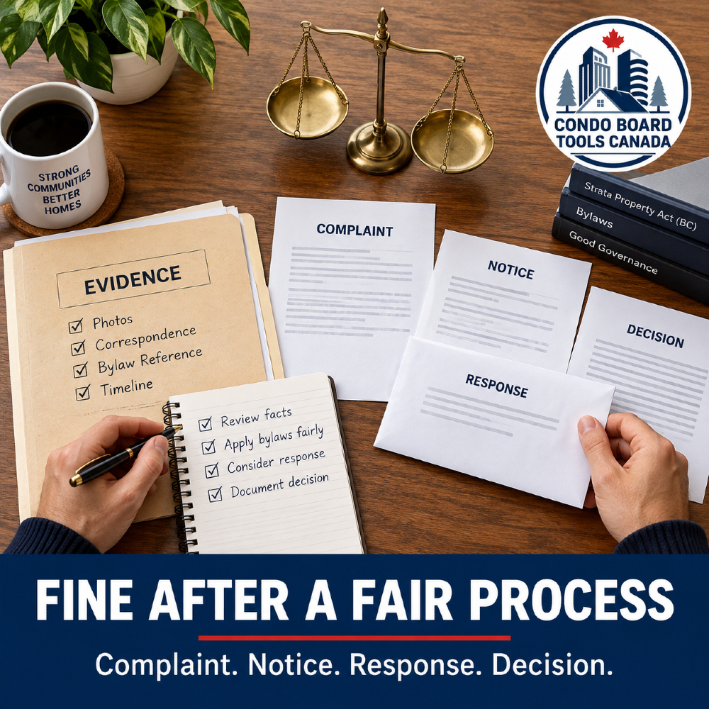 CondoBoardCA's tweet photo. A strata fine needs more than a complaint. ⚖️ Council should give written details, allow a response, hold a hearing if requested and document the final decision. Complaint. Notice. Response. Decision. #BCStrata #StrataCouncil #CondoTips https://t.co/aJPRElK7ek