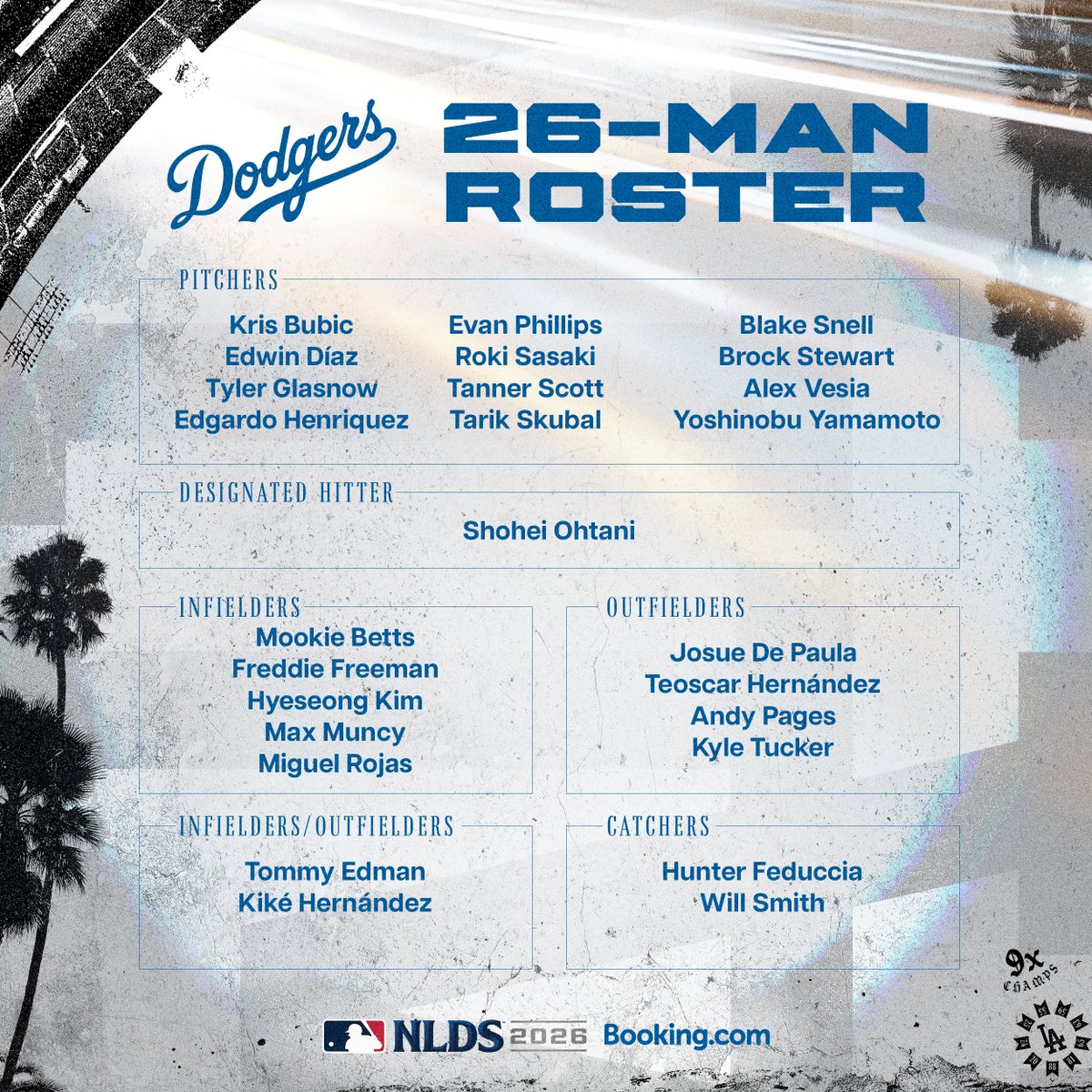Dodgers's tweet photo. Here’s your 26-man roster for the NLDS. https://t.co/QwAi3MnYUx