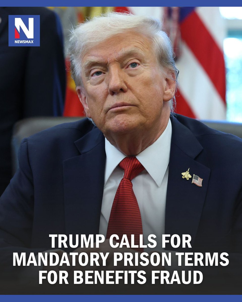 NEWSMAX's tweet photo. TRUMP TARGETS FRAUD: President Donald Trump is calling on Congress to impose mandatory prison sentences for Medicare, Medicaid and Social Security fraud and hold state and local officials personally liable if they knowingly allow it to continue. https://t.co/V7u4uJ8s6B