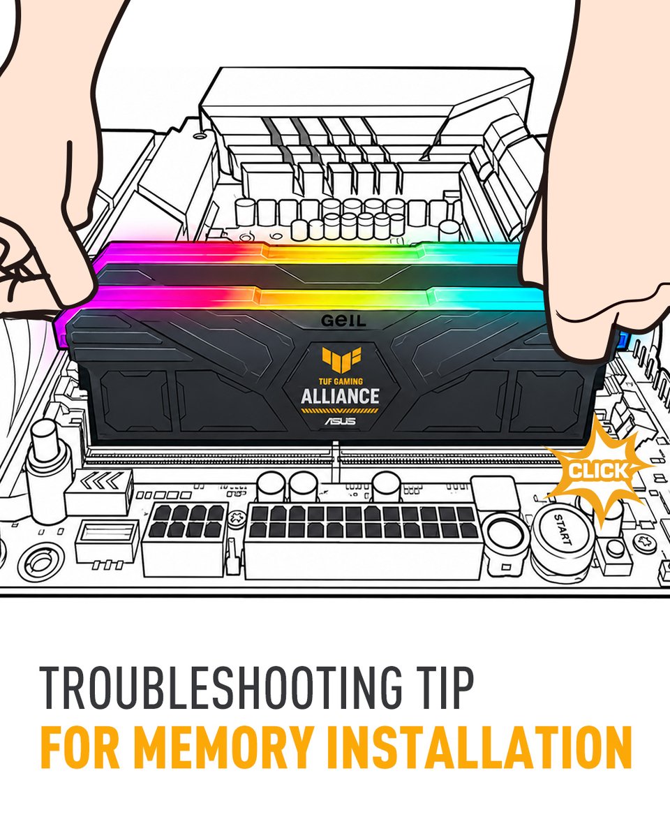 GeILMemory's tweet photo. Happy Techies Day!

Quick RAM tip!
Line it up, press evenly on both sides, and wait for that satisfying click.

#GeILMemory #RAM  #technology #techtips #PCHardware #pccomponents #gaming #gamer #pcbuild #gamerforlife https://t.co/JxnJW71rlp