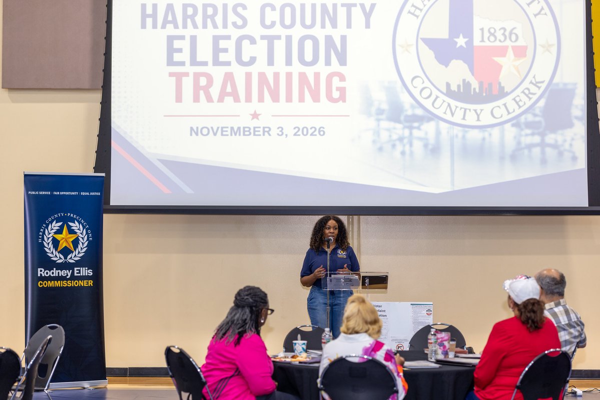 RodneyEllis's tweet photo. Election judges are on the frontlines of our democracy, helping voters navigate the process and cast their ballots with confidence.   

To prepare for the upcoming November election, the Office of Commissioner Rodney Ellis proudly hosted an annual Election Judge Training and Breakfast this morning. Thank you to @harriscotxclerk Teneshia Hudspeth, her Elections Team, and all election workers whose service helps ensure Harris County elections are fair, secure, and accessible.  

Residents should do all they can to prepare as well. 

The deadline to register to vote or update your registration information is Monday, October 5. Check your status today at https://t.co/y59wwGrNJ7, and visit https://t.co/yONpwvbcua to make your voting plan before early voting begins on October 19.