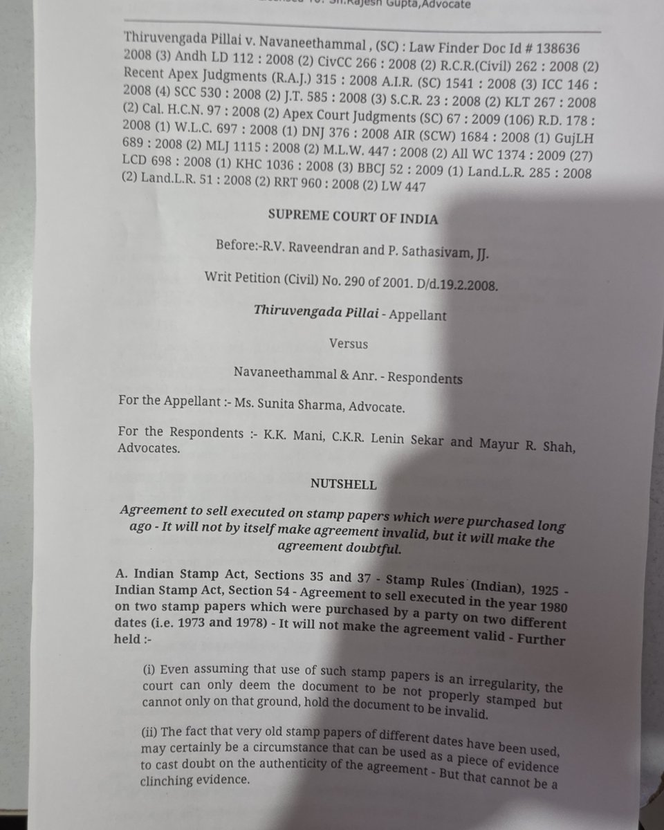 Sonofmufasaa's tweet photo. 2008(2)R.C.R. 262
Agreement to sell executed on stamp paper which were purchased long back will not make the agreement invalid, but will certainly make it doubtful
Section 54 Stamp Act- A person possessing stamp paper for which he has no immediate use, can seek the refund https://t.co/XbuMALyjv7