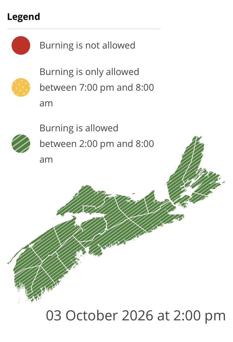 NS_DNR's tweet photo. Burning is not permitted between 8 am and 2 pm.

Check before you burn and know your municipal bylaws.

https://t.co/ei1E0TDQY0 https://t.co/07P8aGzRjE
