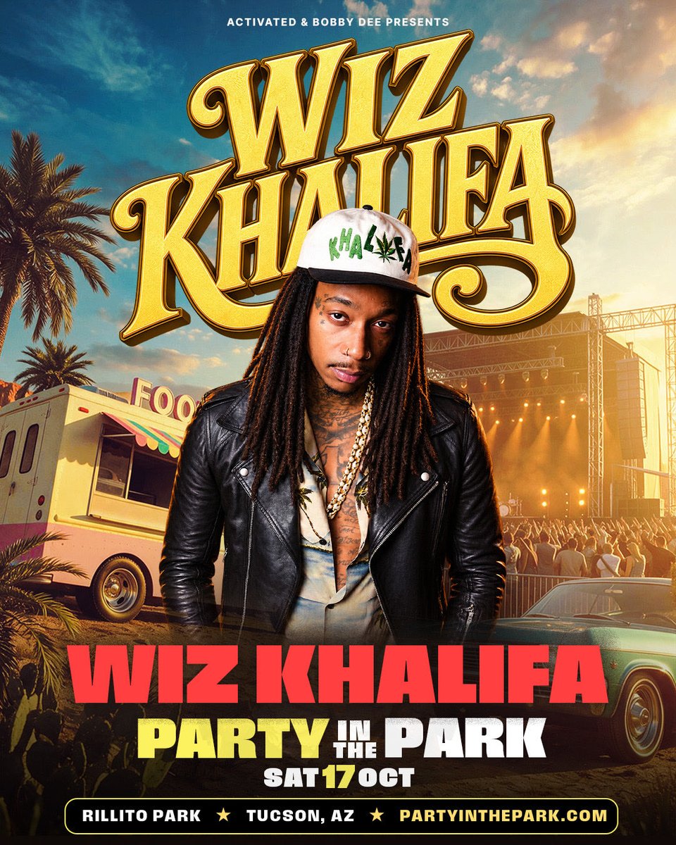TaylorGang's tweet photo. Saturday, October 17th in Tucson, AZ 🌵💨 Catch @wizkhalifa at Party in the Park Tucson 🔥🔥

Tickets here - https://t.co/KtdTxaP2PH https://t.co/xfkz2kCPuq