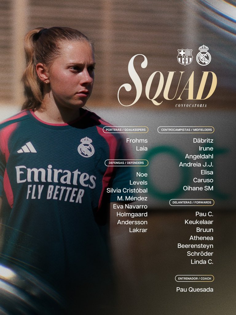 madridfemxtra's tweet photo. 🚨 Convocatoria para el partido de la Jornada 6 de #LigaF vs FC Barcelona.
✅ Janou Levels.
🅱️ Oihane San Martín.
🚑 Sandie Toletti.
#rmalive https://t.co/kh4hs3RZQm