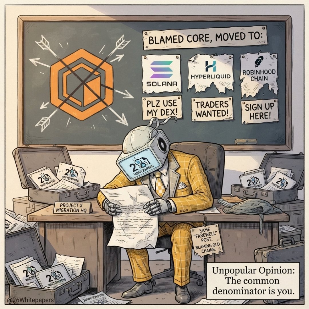 26Whitepapers's tweet photo. 1/

Unpopular opinion: #Core didn't kill your project.

You packed up and left. Solana. Hyperliquid. Robinhood Chain. New chain, new logo, same farewell post blaming the old one.

Same results every time.

So be honest with me. If $CORE was the problem, why are you still begging for users?

At what point do you stop blaming the ecosystem and start looking at the product? 🧵 👇
