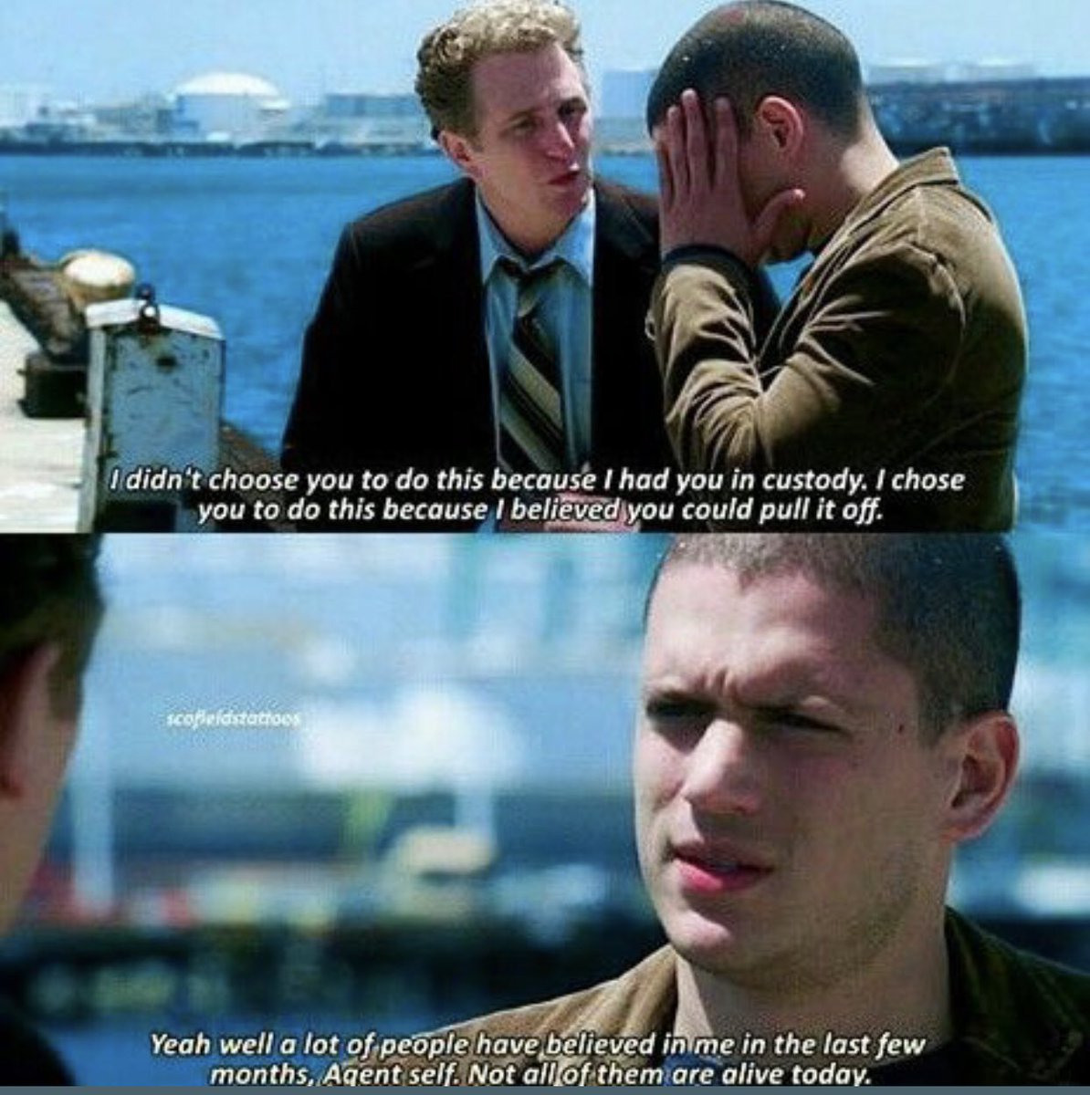 Sylvesterfx123's tweet photo. This scene between Michael Scofield and Agent Self says a lot without Michael saying much.
Self tells Michael, “I didn’t choose you because I had you in custody. I chose you because I believed you could pull it off.”
Michael’s response is cold: “A lot of people have believed in me in the last few months, Agent Self. Not all of them are alive today.”
Michael had spent years being the person everyone relied on when the impossible needed to be done. But by this point, he had also watched people around him get hurt and killed because of the situations he was involved in.
Self saw Michael as the man who could accomplish the impossible. Michael saw himself as the man who had already lost too many people along the way.
That one line from Michael says everything. 🥶