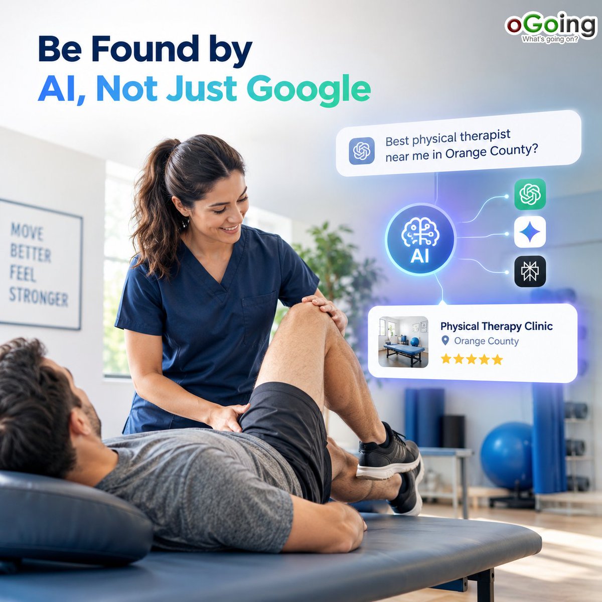 oGoing's tweet photo. Is Your Physical Therapy Practice Easy to Find or Easy to Miss?

A patient recovering from surgery, an athlete dealing with an injury, or someone looking for help with chronic pain may now ask ChatGPT, Gemini, or Perplexity for a physical therapist instead of starting with Google.

The question for your Orange County practice is simple: When AI is asked for a physical therapist with your specialty, does it know your business well enough to recommend you?

Your website may already explain your services, but AI needs clear information about your specialties, location, treatment areas, and expertise to understand where your practice fits. oGoing helps physical therapists see how AI currently views their business, identify visibility gaps, and understand what needs to be improved.

See how AI sees your Orange County physical therapy practice:
👉 https://t.co/uYCeRHH4s7

#PhysicalTherapy #PhysicalTherapist #OrangeCountyBusiness #PhysicalTherapyPractice #HealthcareMarketing #PracticeGrowth #OrangeCounty #oGoingAI