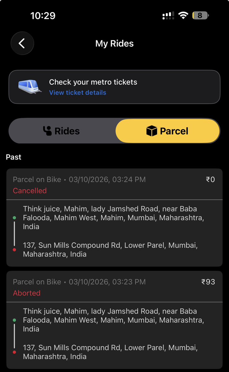 WakodeAmit's tweet photo. @rapidobikeapp UPDATE: Captain cancelled the order AFTER taking my Rs.5000 parcel! App shows Cancelled but parcel still with him. From Mahim to Lower Parel. This is cheating. Tracking active. @MumbaiPolice please note. #Rapido https://t.co/5gS2NBLEG5