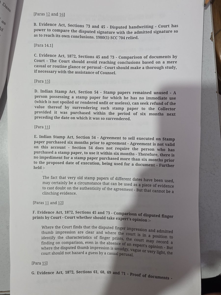 Sonofmufasaa's tweet photo. 2008(2)R.C.R. 262
Agreement to sell executed on stamp paper which were purchased long back will not make the agreement invalid, but will certainly make it doubtful
Section 54 Stamp Act- A person possessing stamp paper for which he has no immediate use, can seek the refund https://t.co/XbuMALyjv7