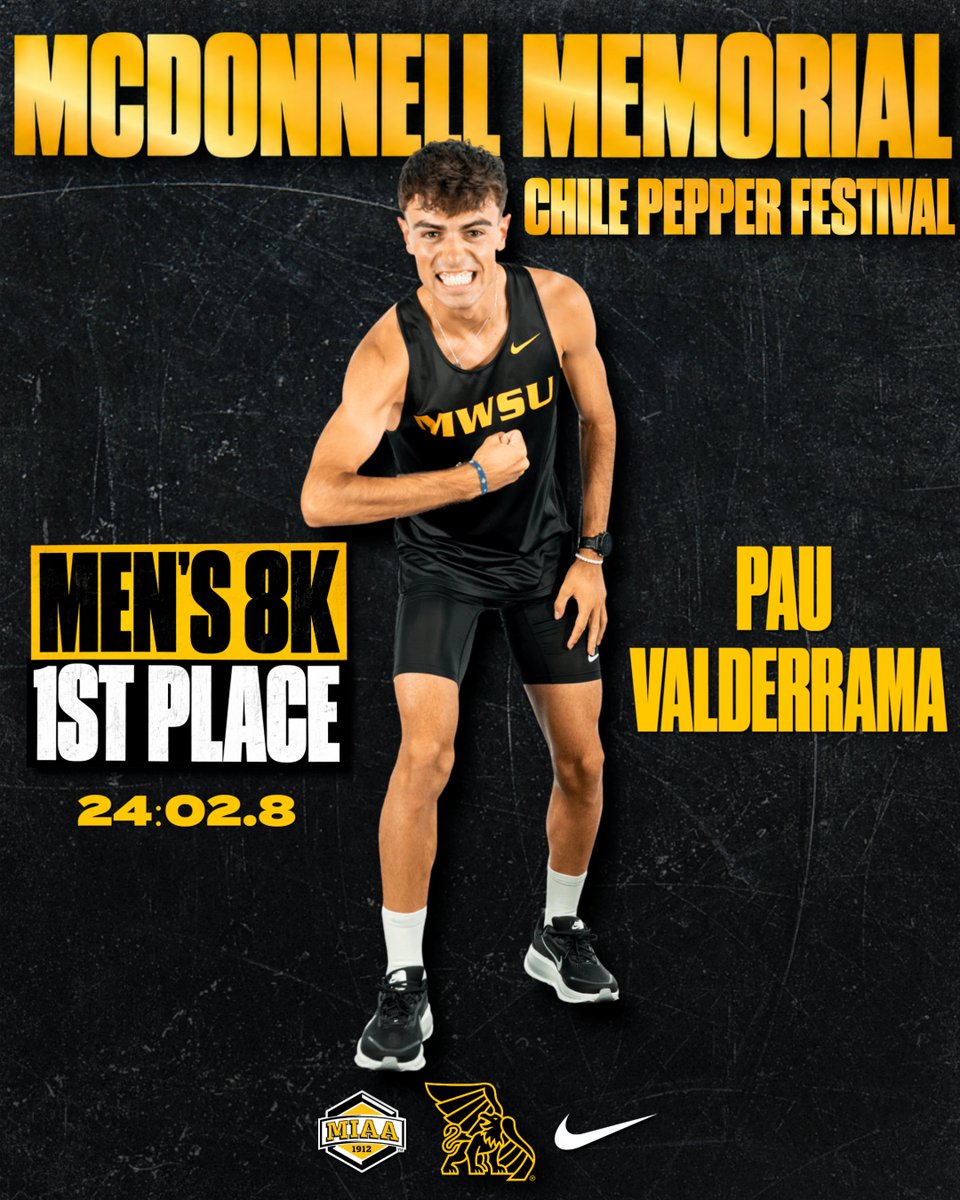 MWSUGriffons's tweet photo. PAU BRINGS THE HEAT🌶️🥇

Pau Valderrama wins the Men’s McDonnell Memorial 8K at the 38th Annual Chile Pepper Festival!

⏱️ 24:02.8

What a run from Pau! 🏆

#GriffUp 🦅🦁 https://t.co/vk7cK5ZP1z