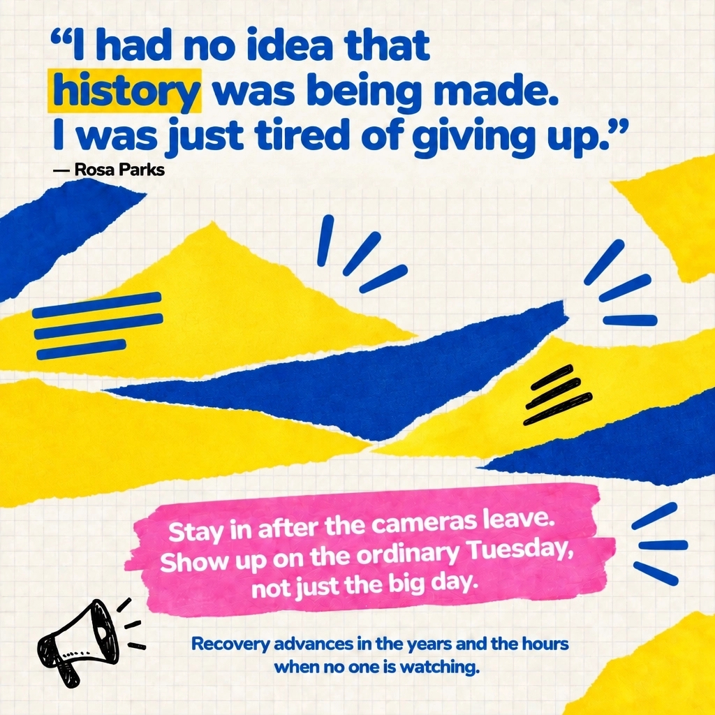 RyanForRecovery's tweet photo. I had no idea that history was being made. I was just tired of giving up. Rosa Parks

Stay in after the cameras leave. Show up on the ordinary Tuesday, not just the big day.

What keeps you showing up when the applause stops? Tell us below. https://t.co/JWK87mckTc