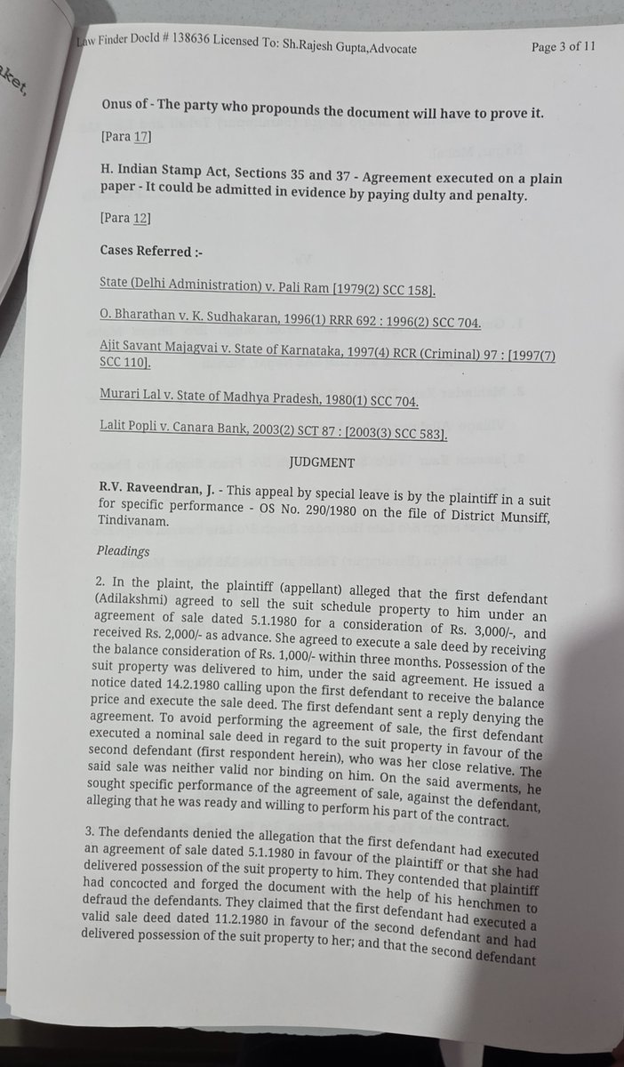 Sonofmufasaa's tweet photo. 2008(2)R.C.R. 262
Agreement to sell executed on stamp paper which were purchased long back will not make the agreement invalid, but will certainly make it doubtful
Section 54 Stamp Act- A person possessing stamp paper for which he has no immediate use, can seek the refund https://t.co/XbuMALyjv7