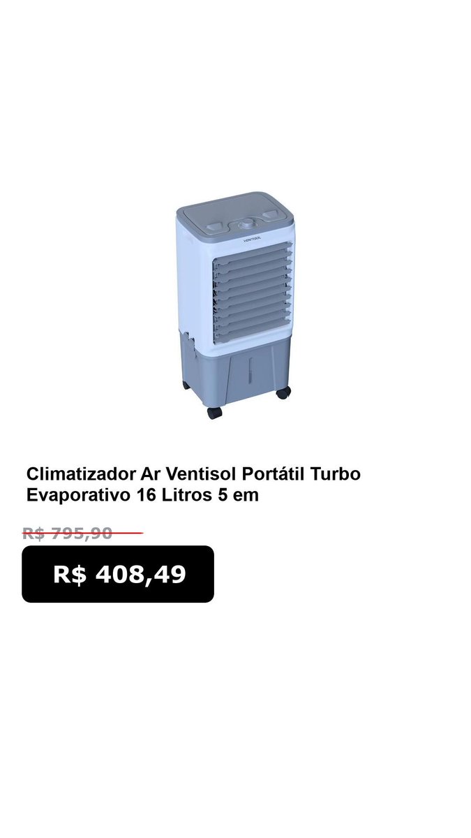 SoOfertasTop's tweet photo. Promo Shopee

🛍️ Climatizador Ar Ventisol Portátil Turbo Evaporativo 16 Litros 5 em 1 Umidificador CLIN16 PRO 130W

📴 Com desconto de até 49%

De: R$ 795,90
*Por:* R$ 408,49

🔗 Compre aqui:
https://t.co/CvE7JzyPFU https://t.co/p1iRztXUGX