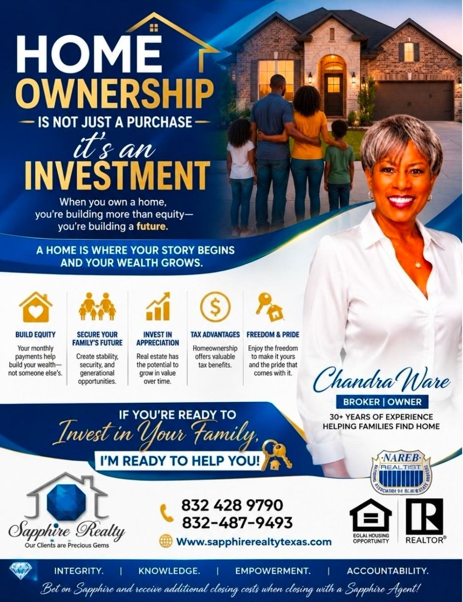 homesbychandra's tweet photo. Homeownership may build equity, stability, and wealth, and offer pride and freedom. Outcomes vary; buying isn’t right for everyone. Chandra Ware, CEO/Broker | TREC #553074 | 832-428-9790 | https://t.co/NYKEmVdZk9 #Homes https://t.co/YUXxBtXCuE