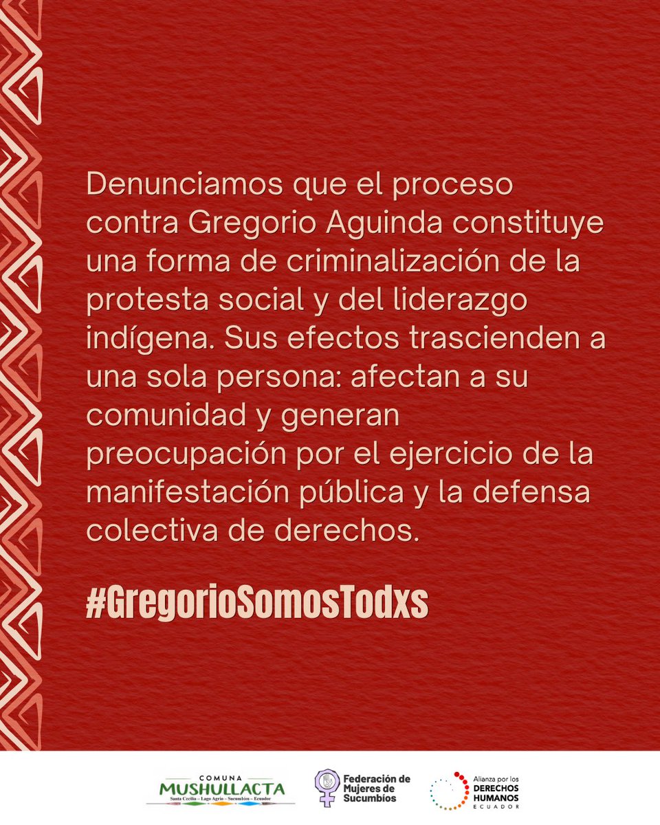ComunaMushu's tweet photo. 📣La audiencia de juicio contra Gregorio Aguinda, indígena kichwa criminalizado por ejercer su derecho a la protesta durante el paro de 2025,se realizará el 7 de octubre, a las 8h30, en las instalaciones del Consejo de la Judicatura en Sucumbíos.
@SucumbiosCJ 
#GregorioSomosTodxs https://t.co/2SGqohDp5P