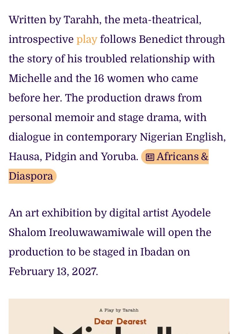 TarahhStudios's tweet photo. @TheSharonRotimi , @chabodoxazo and Nosakhare Ijebor will lead Dear Dearest Michelle, the third instalment of Tarahh's A Play by Tarahh series, set for the stage in Ibadan on February 13, 2027.

Catch the full cast and story reveal here:

https://t.co/azmca0yQ0f https://t.co/vOuJ7zeedf