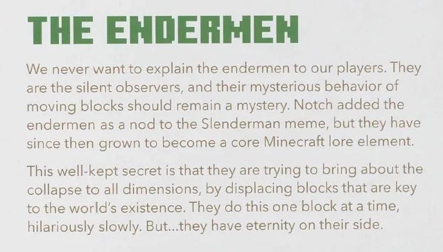 spenceandsons's tweet photo. He's right, but he's probably also saying it bc Mojang has a wise policy on keeping the Minecraft lore secret and up to interpretation.

They say something like this in the leaked Mojang handbook. https://t.co/erCU2XINdB