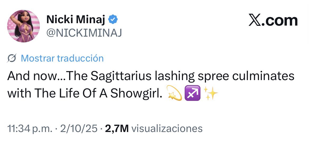 NICKIMINAJ_COL's tweet photo. ON THIS DAY — October 3, 2025 💫

One year ago, THE QUEEN @NICKIMINAJ spent the night reacting to @taylorswift13 The Life of a Showgirl on X, praising the songwriting and calling attention to several tracks. ♐️✨ https://t.co/nvp06GdueI