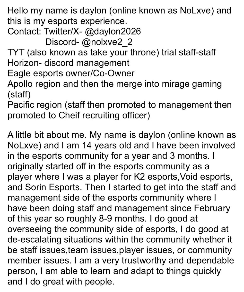 agent_less8's tweet photo. Hello my client @daylon2026 is looking for a team to be a staff member on he has tons of experience in the field and can help any team in need!!! Hit me up if your interested!! 💯💯 https://t.co/550cS5YQS7