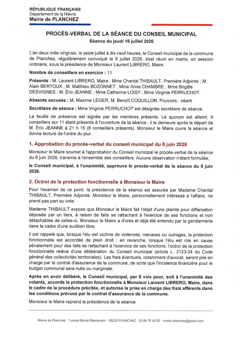 com_planchez's tweet photo. Approbation des procès-verbaux, protection fonctionnelle du Maire et urbanisme : découvrez les décisions clés des conseils municipaux de Planchez en juillet et septembre 2026. https://t.co/Q96G4VWmnc