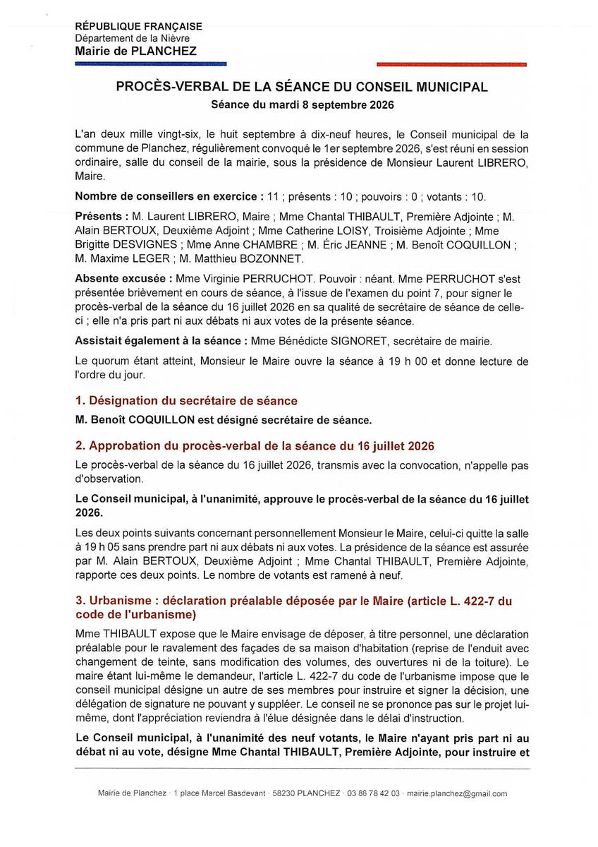 com_planchez's tweet photo. Approbation des procès-verbaux, protection fonctionnelle du Maire et urbanisme : découvrez les décisions clés des conseils municipaux de Planchez en juillet et septembre 2026. https://t.co/Q96G4VWmnc