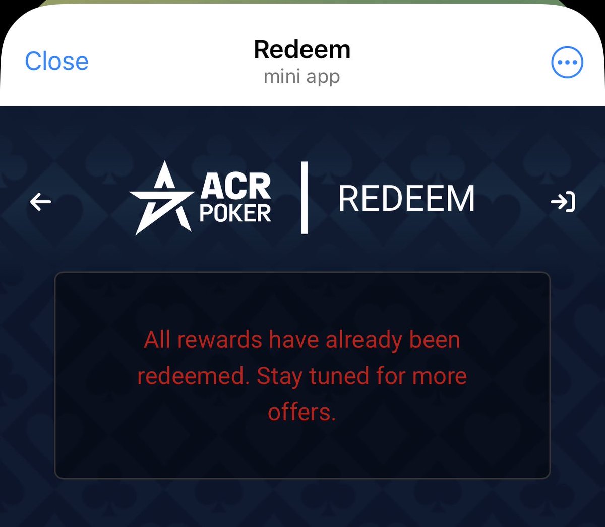 SteveJabs's tweet photo. Hey @ACR_POKER can you fix your Telegram bot issue please?

It’s ridiculous that within a second of posting tickets are instantly gone. https://t.co/PDFEeF7til