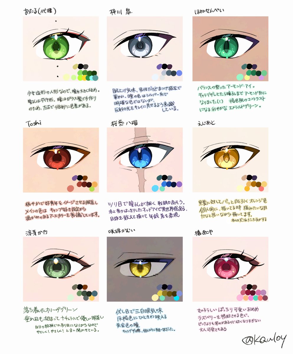 KQuloy's tweet photo. 立ち絵・新衣装立ち絵を担当させて頂いた方々の瞳描き分け👀
実はずっと前から描きたくて途中放置になってたんだけどやっとできました💪

お名前敬称略
※説明文の内容はあくまで私主観だったり当社比による感覚だったりするのでご本人の感覚とは違うかもしれません。 https://t.co/CVBno5s8BZ