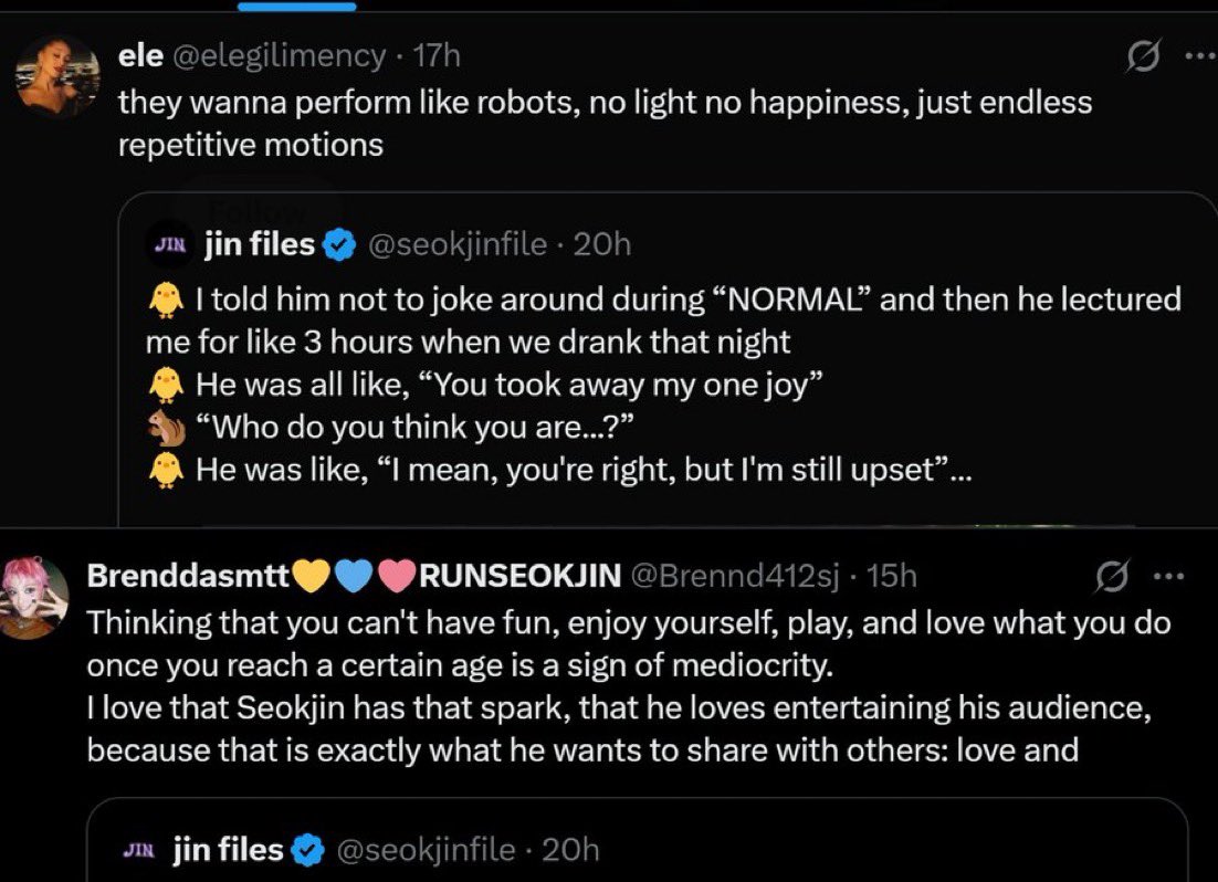 aotyjiminp's tweet photo. Ontem army tava hitando Tweet de anti do jimin por causa de um comentário com 20 likes, enquanto todos os dias temos comentários de anti do jm atacando ele com mais de 2 mil likes e ninguém fala NADA!

Semanas atrás deram 1k de quote numa menina pedindo ays 3 e de lá pra cá desembestou a ter bandeira de shipper mas o único hitado com reclamações foi o primeiro!

Esse fandom nunca perde a oportunidade de se utilizar de toda oportunidade possível pra dar palco pra anti do jm, nunca, mas você não vê NENHUMA dessas pessoas dando visibilidade pros ataques que ele recebe todos os dias!

Ontem teve Tweet hitado de solo do jin atacando o jm a troco de nada, teve Tweet de coreana jjk, kths e tkks atacando o jm por postar um tiktok, teve hit Tweet hoje só pelas fotos que o jk postou dele, teve Tweet hitado atacando o jm só pq o jk ajudou ele com a roupa, mas isso não merece atenção, mas comentário com 20 likes? Pois tome aí hit Tweet pra anti do jm, prioridades né?

Aquela coisa de que as solos dos outros membros que perseguem o Jimin sabe? Quando você para pra pensar que muitas já foram armys você entende o porquê desse fandom nunca dar visibilidade pros ataques que ele recebe, porque quando é com o Jimin, vira generalização! Vira fav vminkook! Vira briga de shipper! Vira briga de solo dele!

Porque só pode nomear de onde vem o hate se for pra falar diretamente >solo do jm<, só pode nomear hate se for pra falar >jikook<, porque se for hate no jm ou é ignorado ou generalizado!

Tem que ser muito cego pra não perceber o óbvio movimento desse fandom e a tentativa de tornar odiável TUDO o que envolve o jimin, ele é atacado se aparece nas redes sociais, se interage com os membros, se não interage, se sai com eles, se não sai, se dança no show, se não dança… é cansativo demais acompanhar um artista que nitidamente não é amado, cuidado e adorado pelo próprio fandom e o pior é que ainda vai ter gente que vai negar e chamar de vitimização, esse é o pior! 

Não é só a empresa o problema viu? Deixou de ser só a empresa a MUITO tempo!